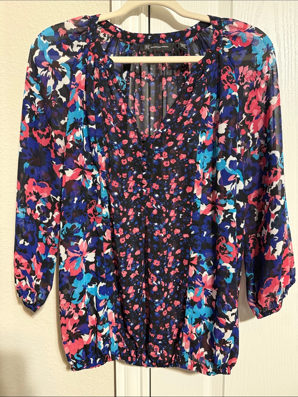 INC International Concepts Black Floral Mixed-Print Blouse